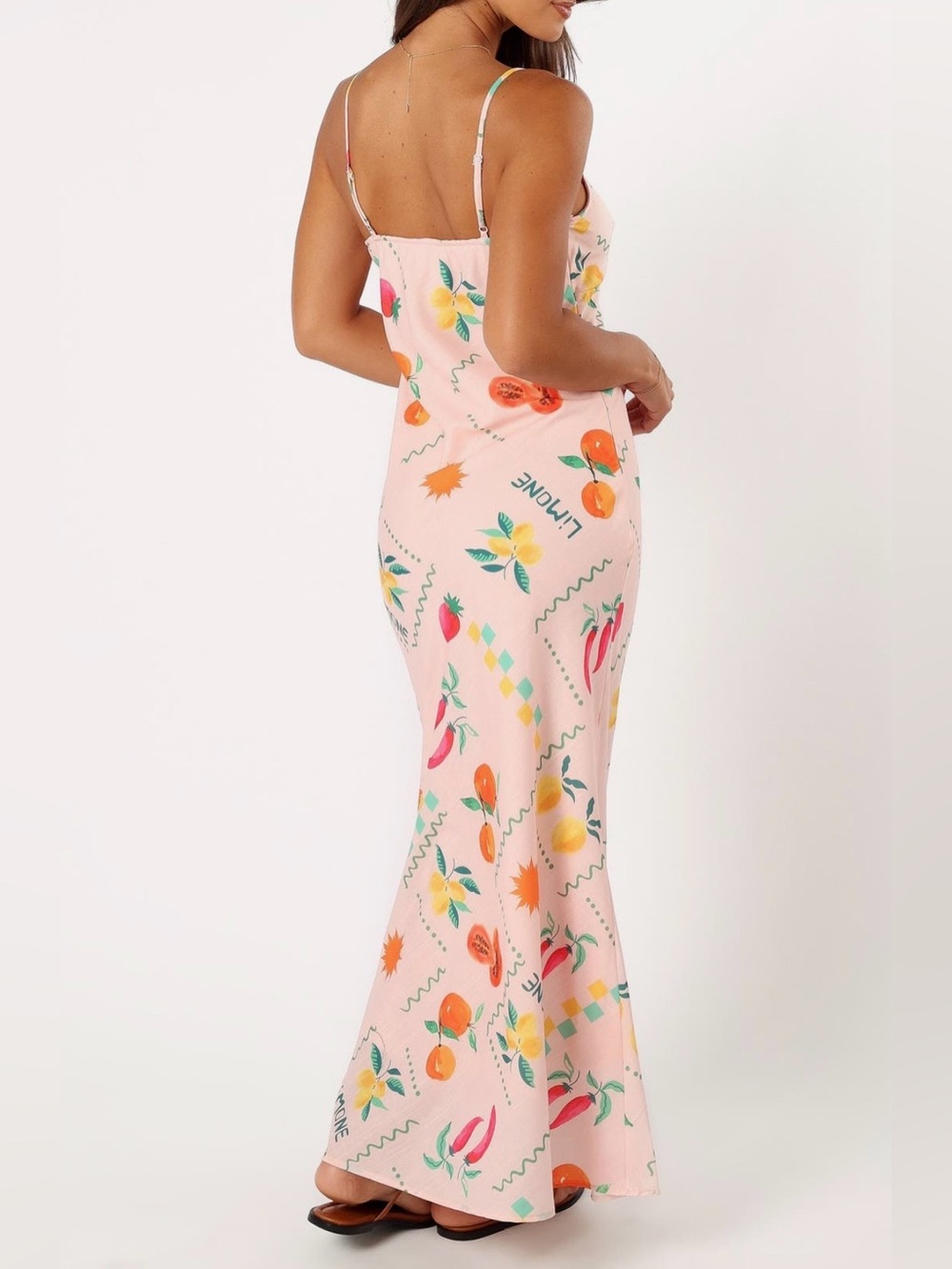 Petal & Pup Frutti Satin Slip Maxi Dress Sz M Fruit Print Pink Tank Dress - Picture 2 of 4